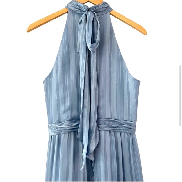 MAC DUGGAL High Neck Tiered Maxi Dress Slate Blue Metallic Silver Formal  Size 4 - Picture 9 of 15